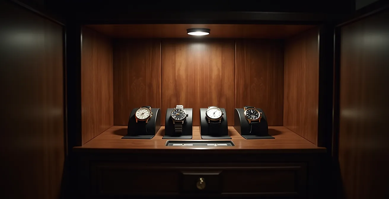 Elegant watch collection display in a minimalist safe environment